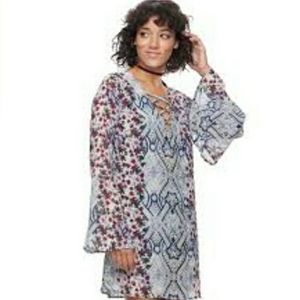 Speechless Floral Lattice Tunic Dress w Peasant Bell-Sleeves | Small